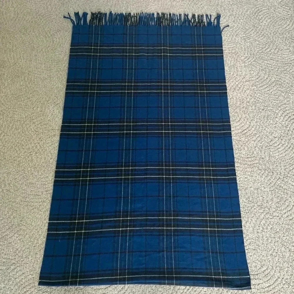 Blue and black plaid wide scarf/ wrap